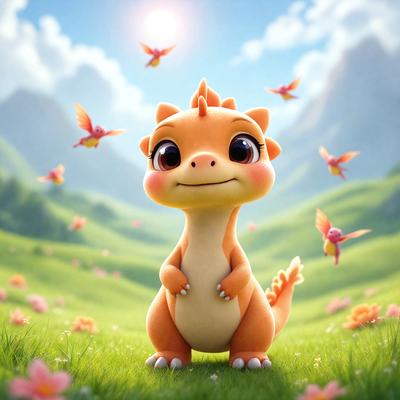 The primary subject of the image is a small, cute, and colorful cartoon dinosaur standing in a grassy field. The dinosaur appears to be smiling, and it is surrounded by a variety of birds flying in the sky. The setting is a lush, green field with a mountainous background. The visual style of the image is a combination of digital art and illustration, creating a vibrant and cheerful atmosphere. The dominant colors include shades of green, yellow, and orange, reflecting the